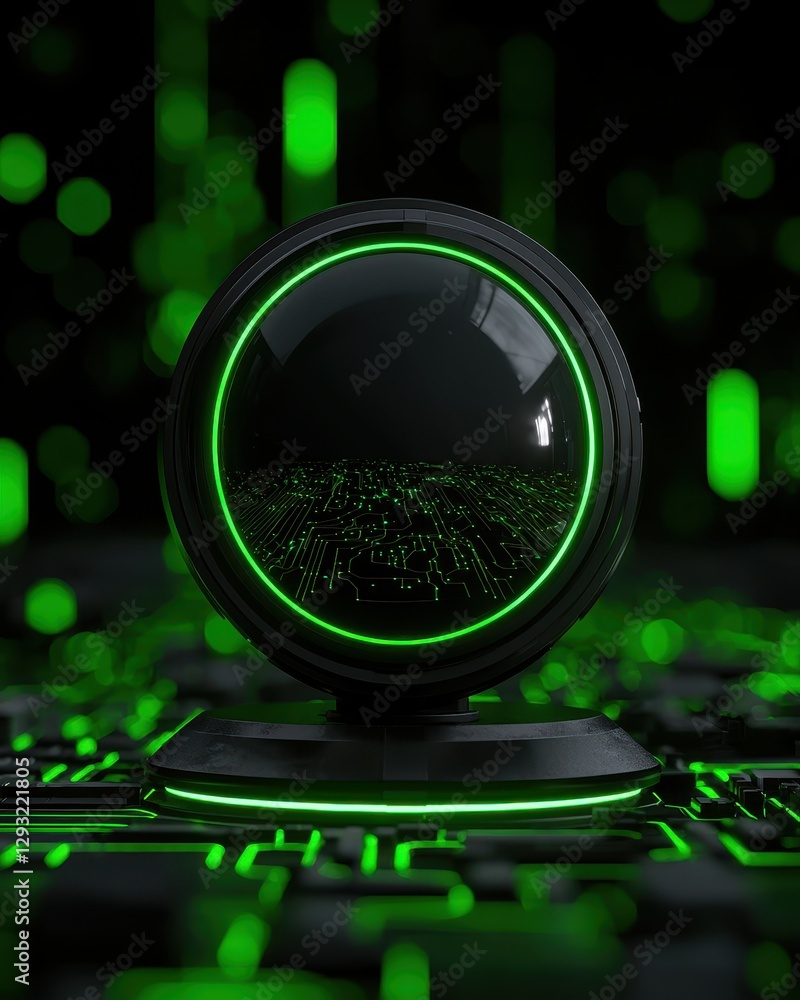 Poster futuristic design featuring a glowing green orb on an intricate keyboard background.
