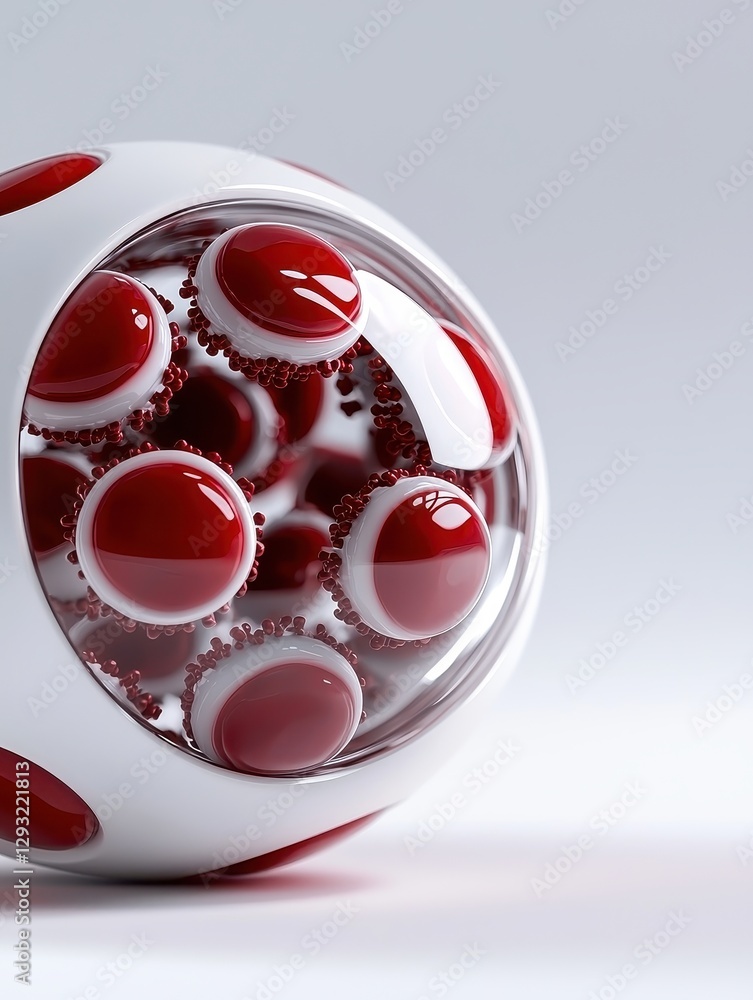 Poster futuristic design featuring a transparent sphere with red elements, representing innovation.