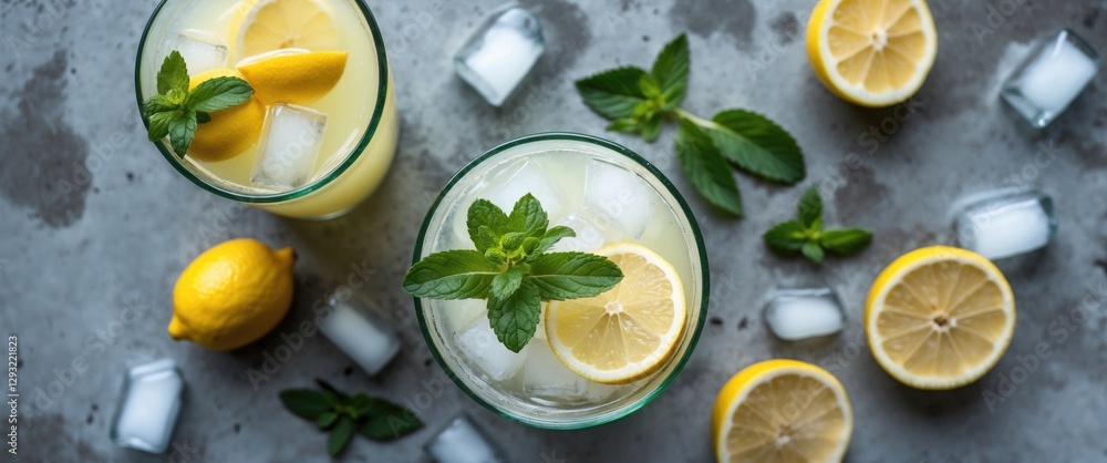 Poster refreshing lemonade with fresh mint and ice on concrete table top view with lemon slices and empty c