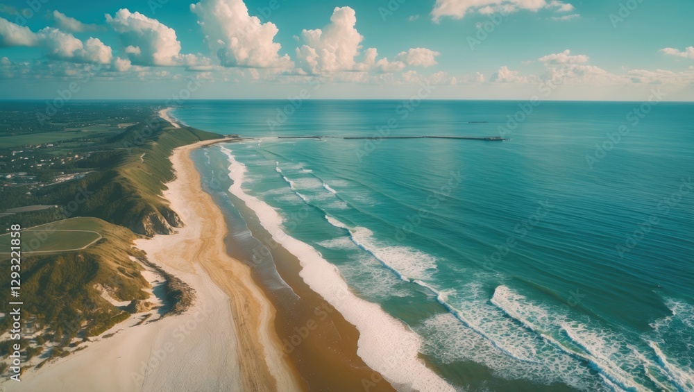 Poster aerial view of serene beach with turquoise waters and gentle waves ideal for text overlay and beach 