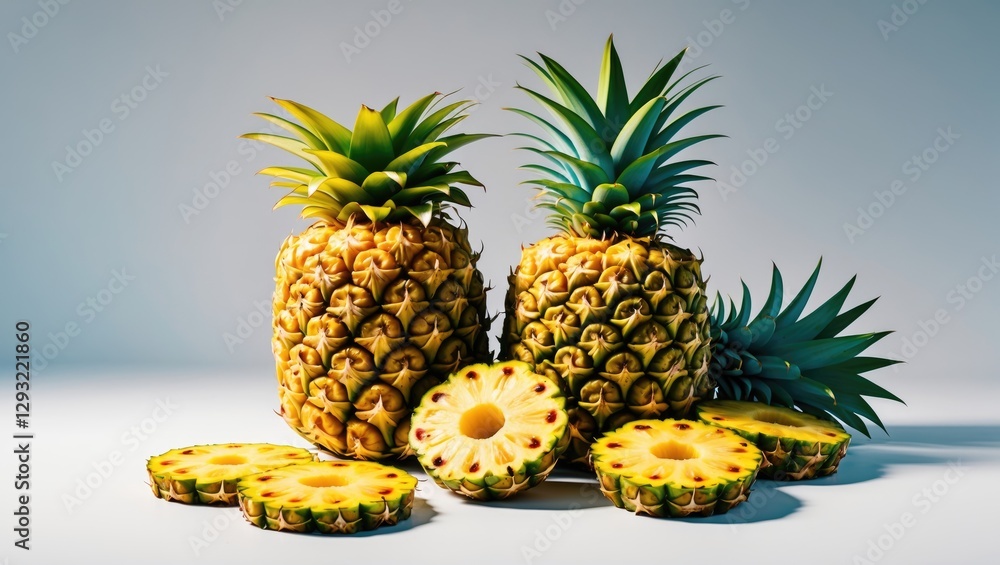 Aufkleber fresh ripe pineapples and slices arranged on a white background with ample empty space for text or d
