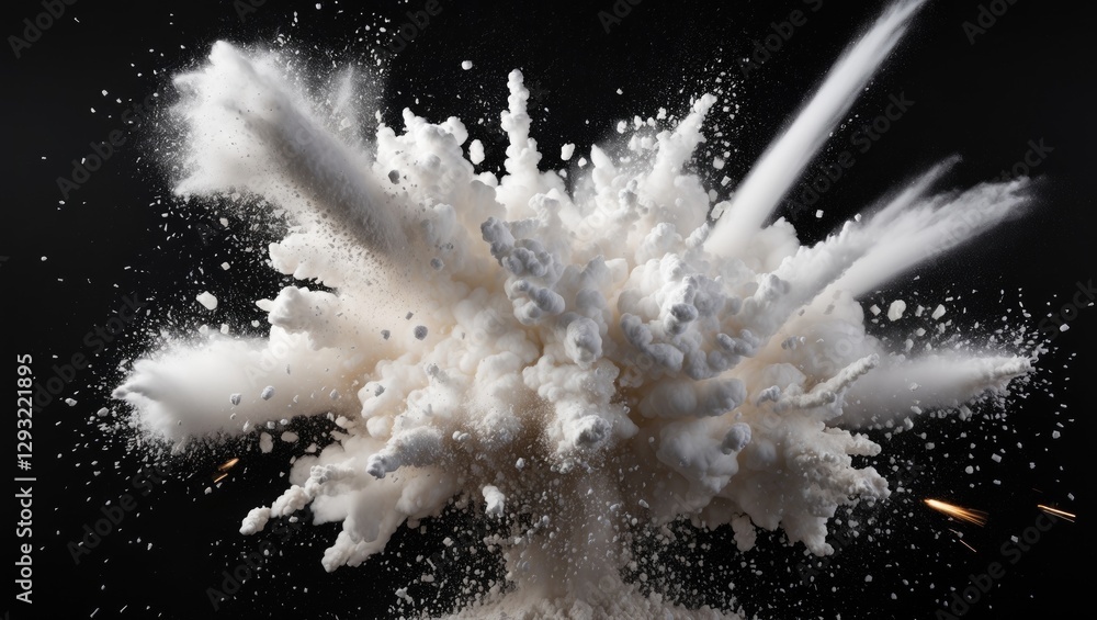 Poster white powder explosion creating a dramatic cloud effect against a black background illustrating moti