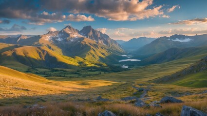 Breathtaking Mountain Scenery with Lush Valleys and Vibrant Sky at Sunset in a Natural Landscape Setting