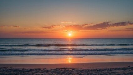 Naklejka premium Tranquil Sunset Over Serene Beach with Golden Reflections on Calm Waves
