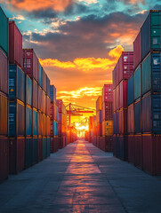 Fototapeta premium Sunset illuminating a shipping container yard