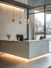 Minimalist reception desk with hanging lights and natural accents