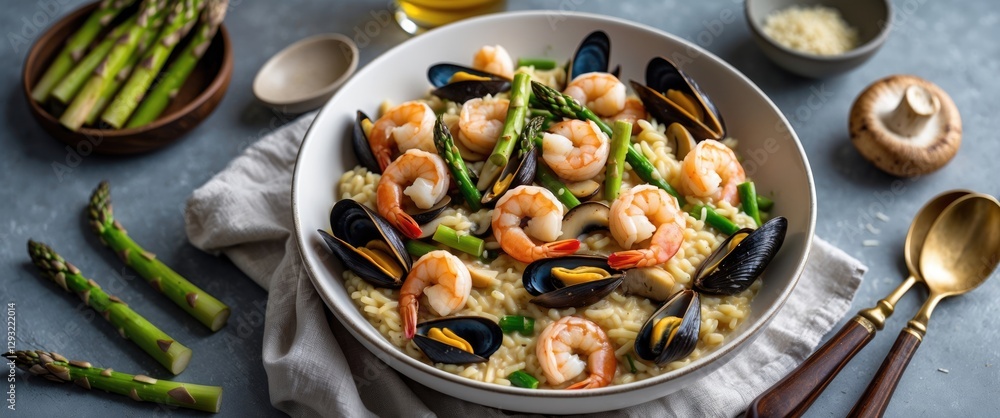 Poster shrimp and mussels risotto with asparagus and mushrooms on table with empty space for text and accom