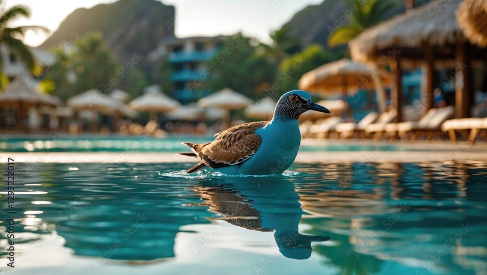 Poster calm reflections of a bird swimming in a pool at a beach resort with empty space for text and scenic