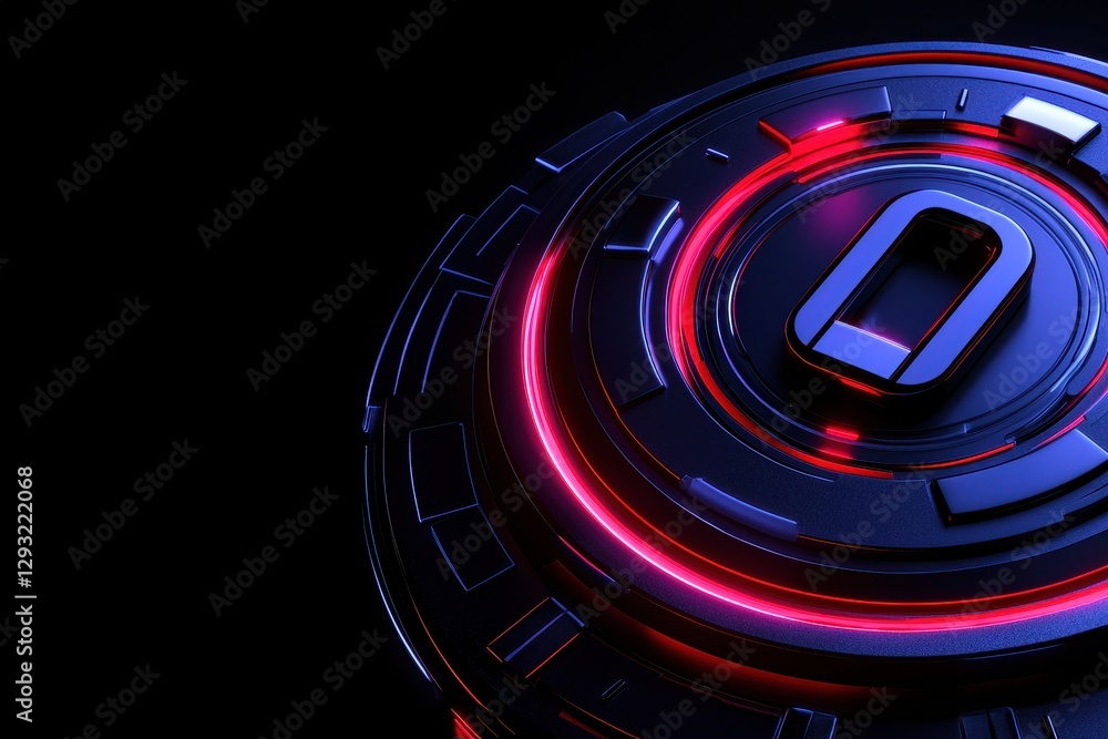 Poster futuristic design with glowing lines and circular shapes on a dark background.