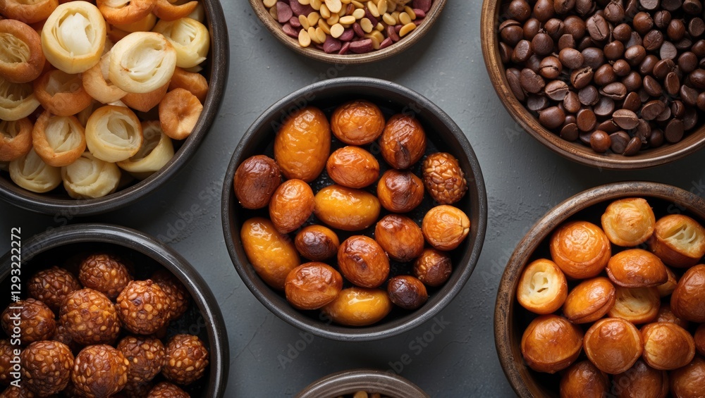 Poster assorted roasted nuts and seeds in bowls with copy space for text on grey surface