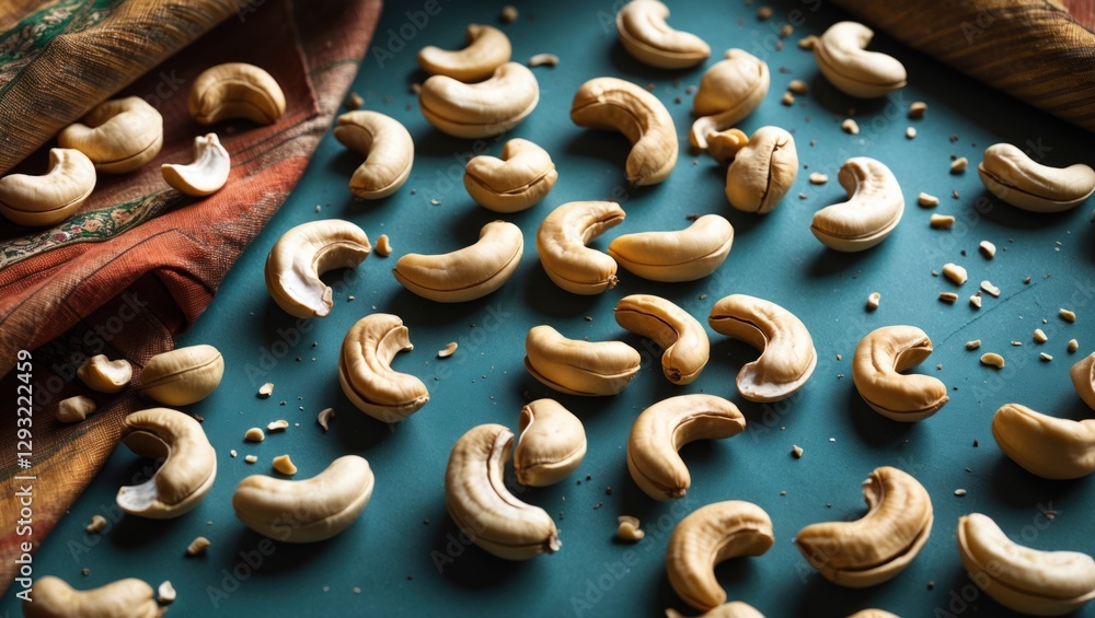 Poster raw cashew nuts scattered on textured table surface with colorful fabric backdrop creating an appeal