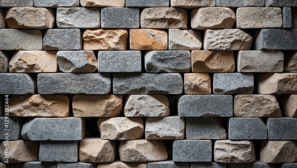 Aufkleber textured stone wall composed of natural blocks in various shades of gray and beige for use as a back