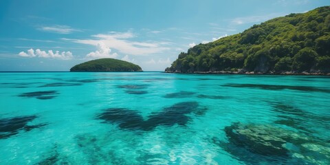 Fototapeta premium Serene Turquoise Waters with Scenic Island Surroundings and Clear Blue Skies Perfect for Relaxation and Vacation Themes