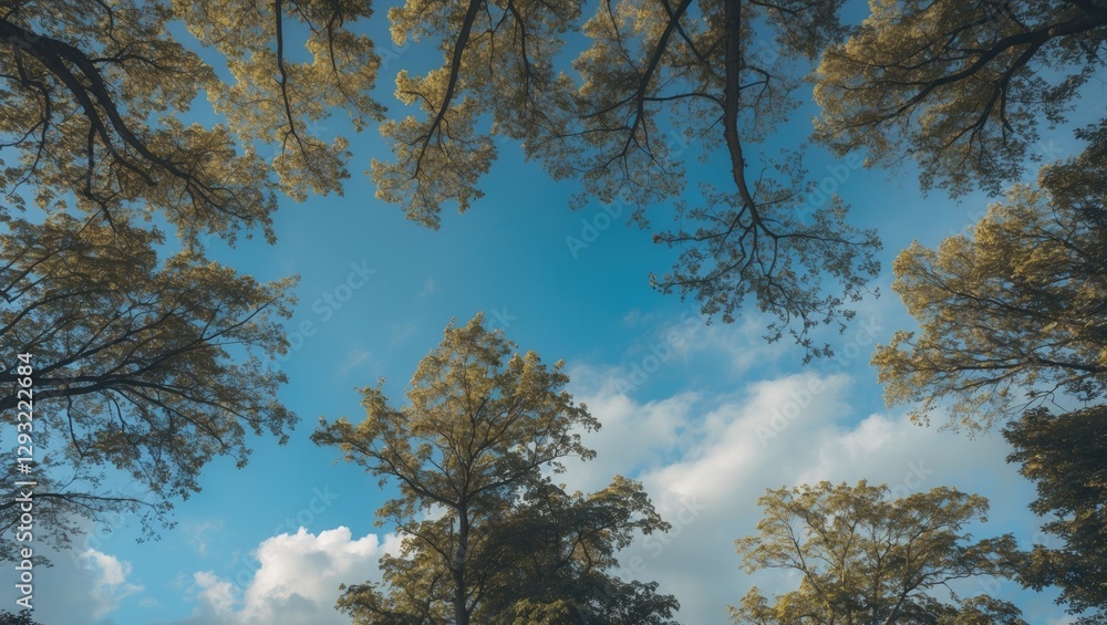 Poster trees framing a clear blue sky with soft clouds and space for text or graphics