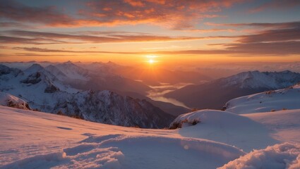 Majestic Sunrise Over Snow-Capped Mountains with Dramatic Clouds and Serene Valley View at The Skillion