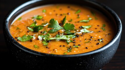 Spicy lentil soup in bowl, dark background, food photography, recipe illustration