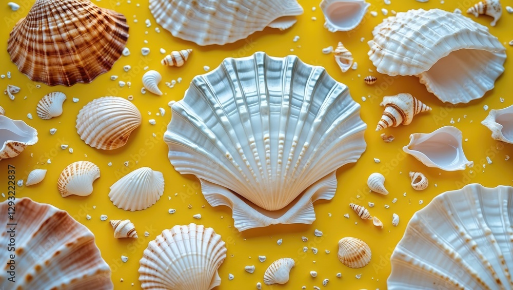 Poster white seashells on vibrant yellow background creating a cheerful summertime atmosphere with ample sp