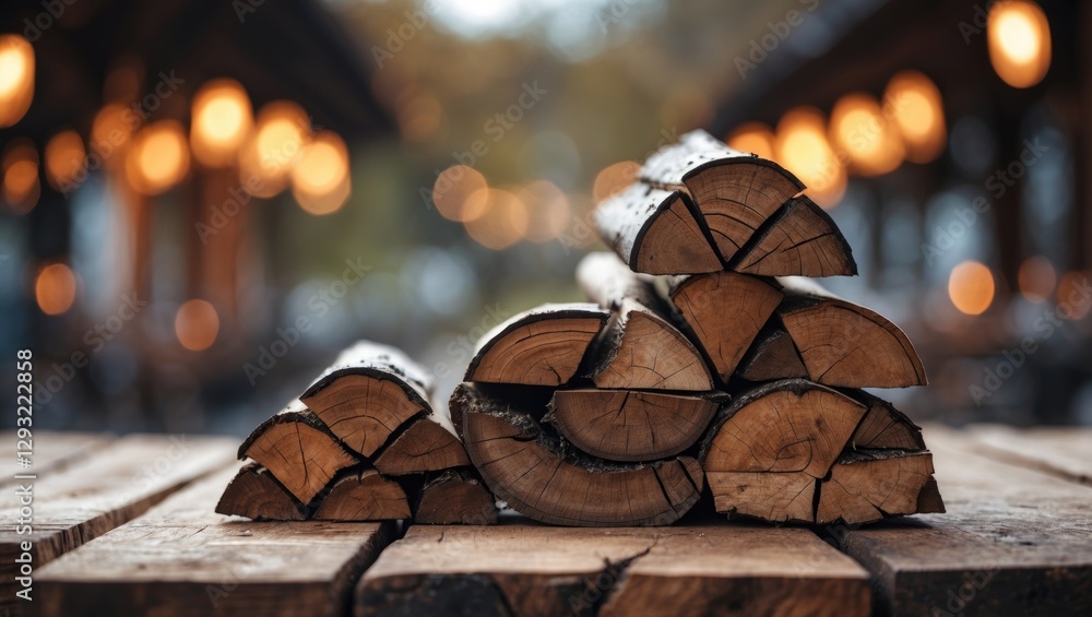 Aufkleber wooden logs stacked on a rustic table with a blurred warm light background creating a cozy and invit