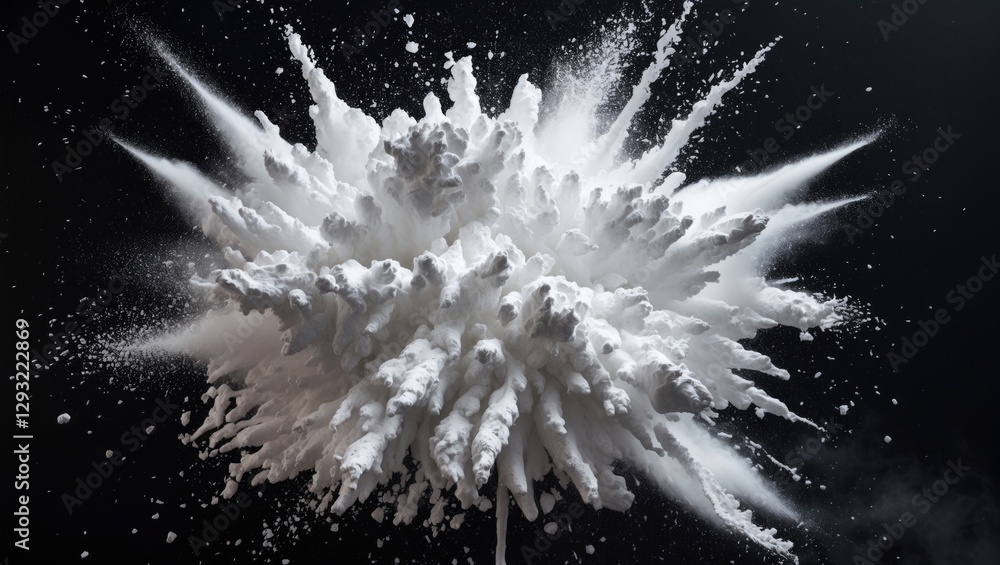 Poster dynamic explosion of white powder against a black background creating an abstract texture showcasing