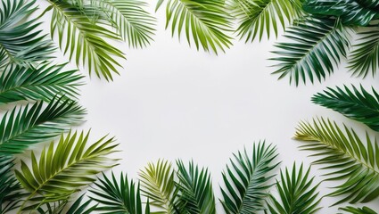 Tropical Palm Leaves Framing Blank Space for Text on White Background Ideal for Travel or Nature-Themed Designs and Advertisements
