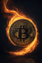 Golden Bitcoin with Fire Flame.