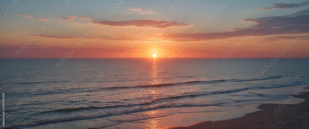 Poster tranquil sunset over the ocean with gentle waves and serene colors providing ample space for text or