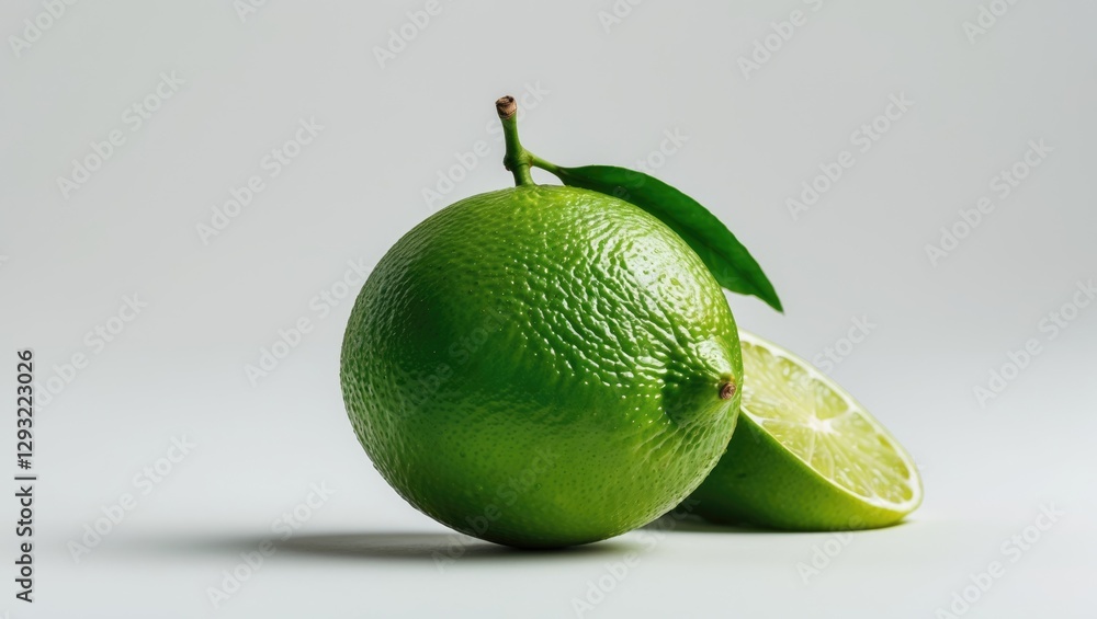 Poster fresh whole lime fruit with leaf and sliced half on white background for culinary and beverage use.