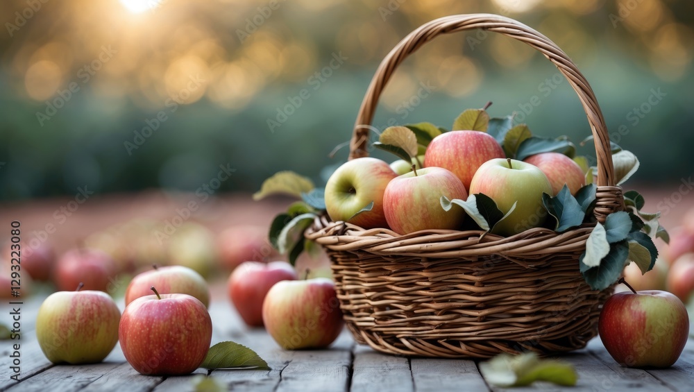 Aufkleber wicker basket overflowing with fresh apples on a rustic wooden table surrounded by fallen apples in 
