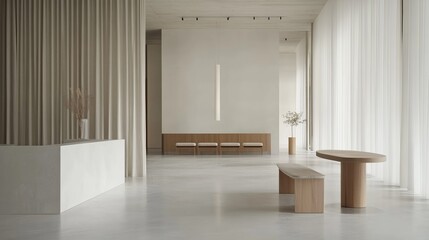 Modern office lobby with minimal design, embodying simplicity and professionalism in a clean, natural light setting.