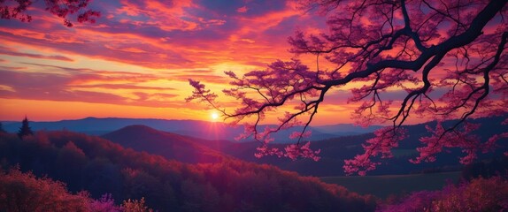 Naklejka premium Vibrant sunset over mountains with silhouetted tree branch creating a serene and colorful natural landscape scene