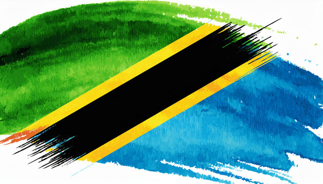 Watercolor painting of Tanzania national flag. Independence day. Hand drawn art.
