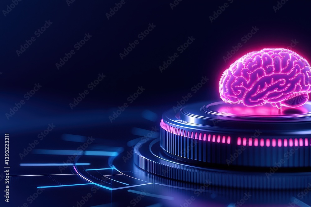 Poster futuristic digital representation of a glowing brain on a tech background.
