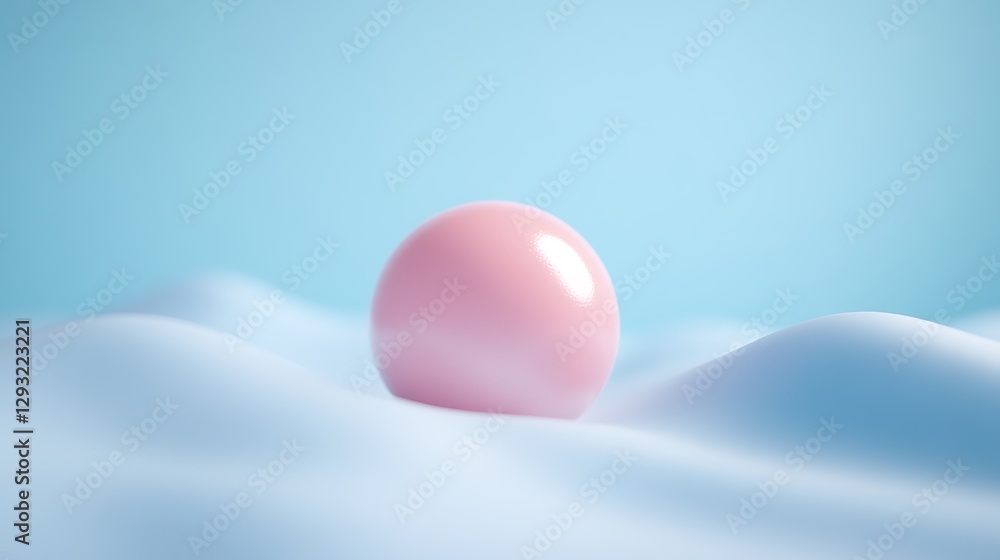 Poster soft pink sphere on gentle waves of light blue fabric creating a calm and serene atmosphere in studi