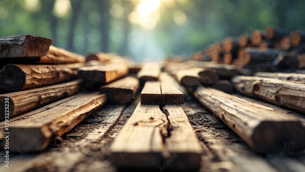 Poster wooden planks arranged on a rustic table with a blurred natural background illuminated by soft sunli