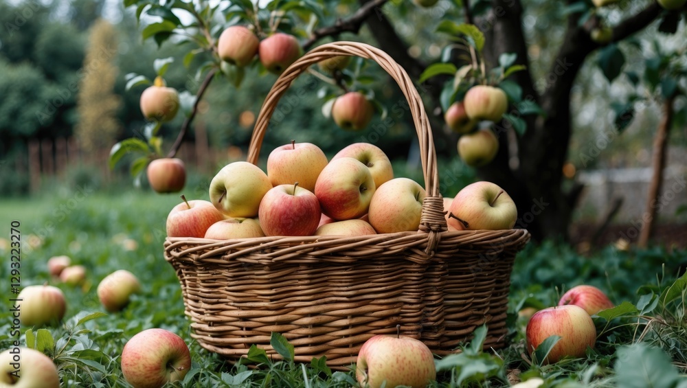 Poster wicker basket filled with fresh apples nestled in a lush garden with apple trees in the background s