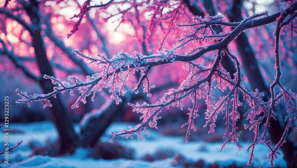Poster frosty tree branches in winter landscape with vibrant colors and selective focus creating a serene a