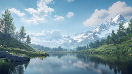 A Serene Mountain Lake Reflecting Snow-Capped Peaks and a Partly Cloudy Sky, Framed by Lush Green Hills and Evergreen Trees, Creating a Peaceful and Natural Landscape.

