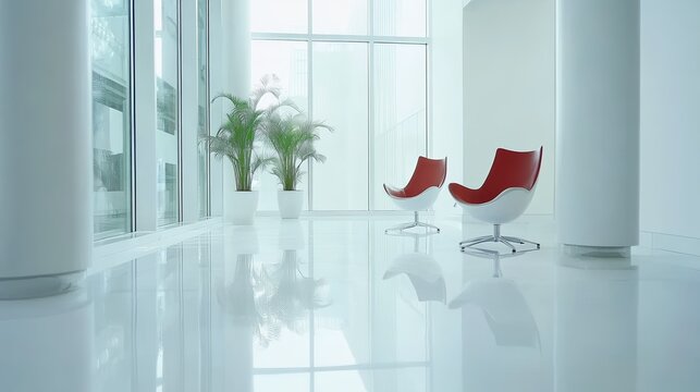 Modern office lobby with minimal design, embodying simplicity and professionalism in a clean, natural light setting.