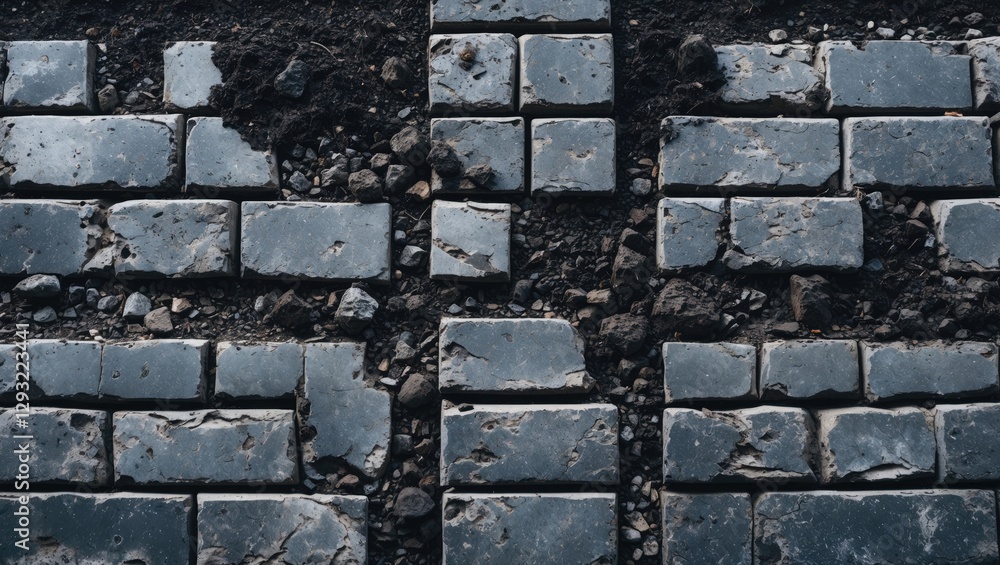 Poster gray brick pavement texture with dark soil between tiles showcasing weathered stone and natural elem