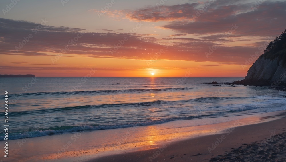 Poster serene sunset above calm cove beach creating tranquil atmosphere with open space for text overlay