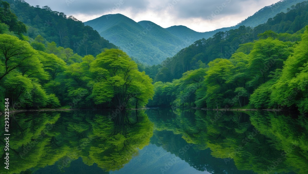 Poster serene reflection of lush green forest with mountains and calm water creating perfect copy space for
