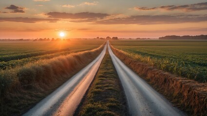 Fototapeta premium Scenic Sunset Over Dual Road Leading Through Lush Green Fields Under Vibrant Sky in Rural Landscape