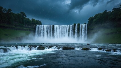 Fototapeta premium Majestic Waterfall Surging with Power under Dark Stormy Sky and Raining Cascades Over Rocks in Serene Natural Landscape