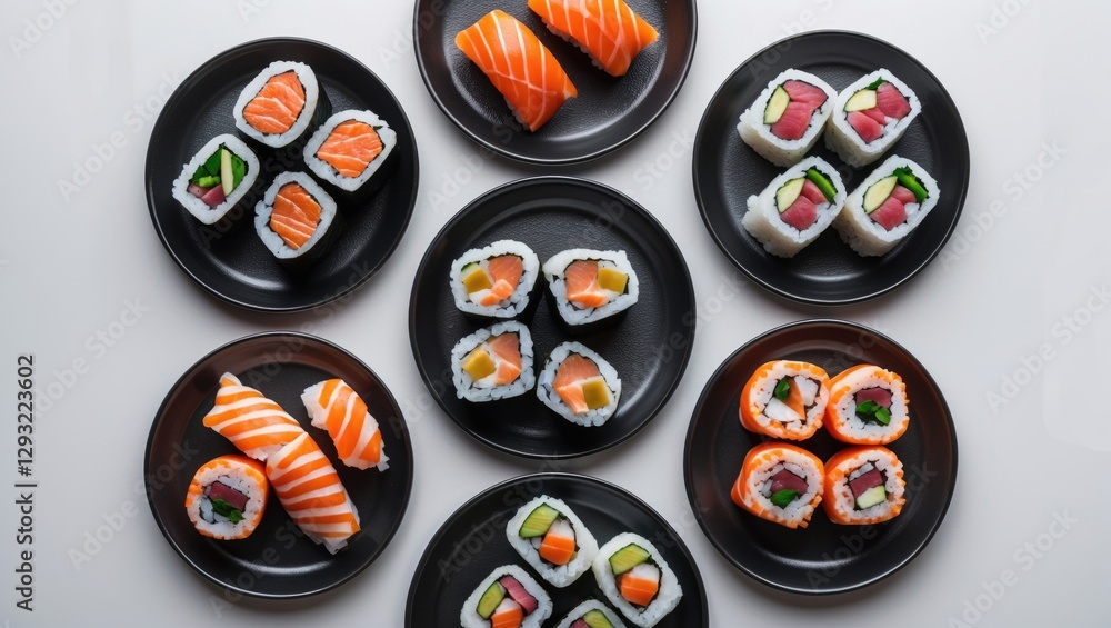 Poster mixed sushi nigiri and rolls displayed on black plates with empty white background for text or adver