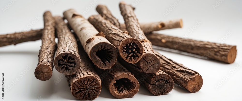 Poster natural tree sticks arranged aesthetically on a clean white background showcasing their texture and 