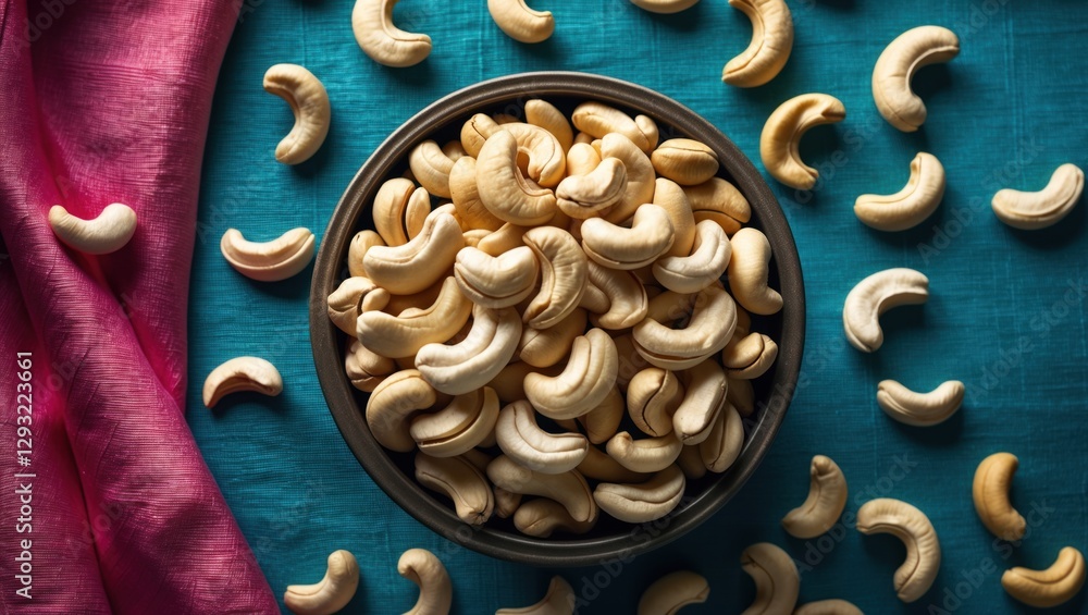 Poster top view of raw cashew nuts in a bowl with scattered nuts on a vibrant fabric background creating a 