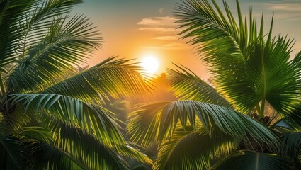 Naklejka premium Sunrise illuminating lush green palm leaves in a tropical landscape creating a serene and vibrant atmosphere.
