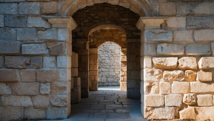 Obraz premium Architectural stone archways leading to a serene passageway showcasing intricate textures and shadows in natural light.