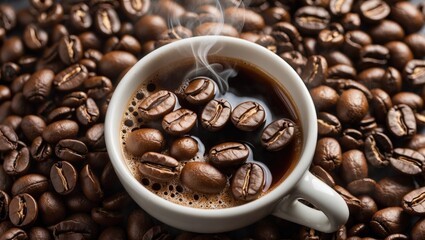 Steaming cup of coffee surrounded by roasted coffee beans showcasing rich aroma and texture in a cozy setting