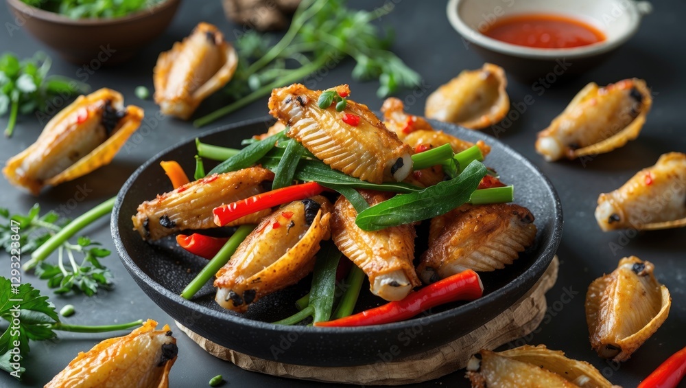 Aufkleber spicy fried wing shells with herbal vegetables and colorful garnish on a dark background with empty 